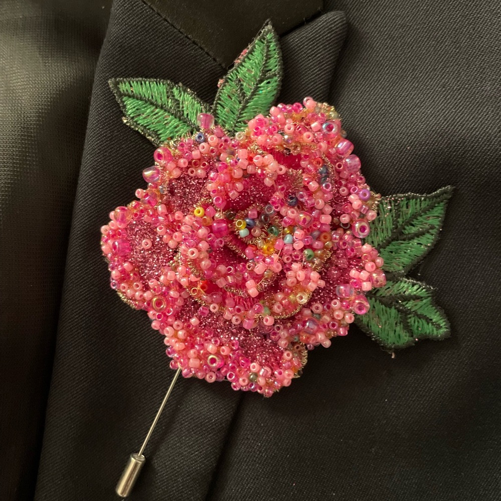 OOAK Handmade pink beaded and embroidered rose corsage, and boutonniere